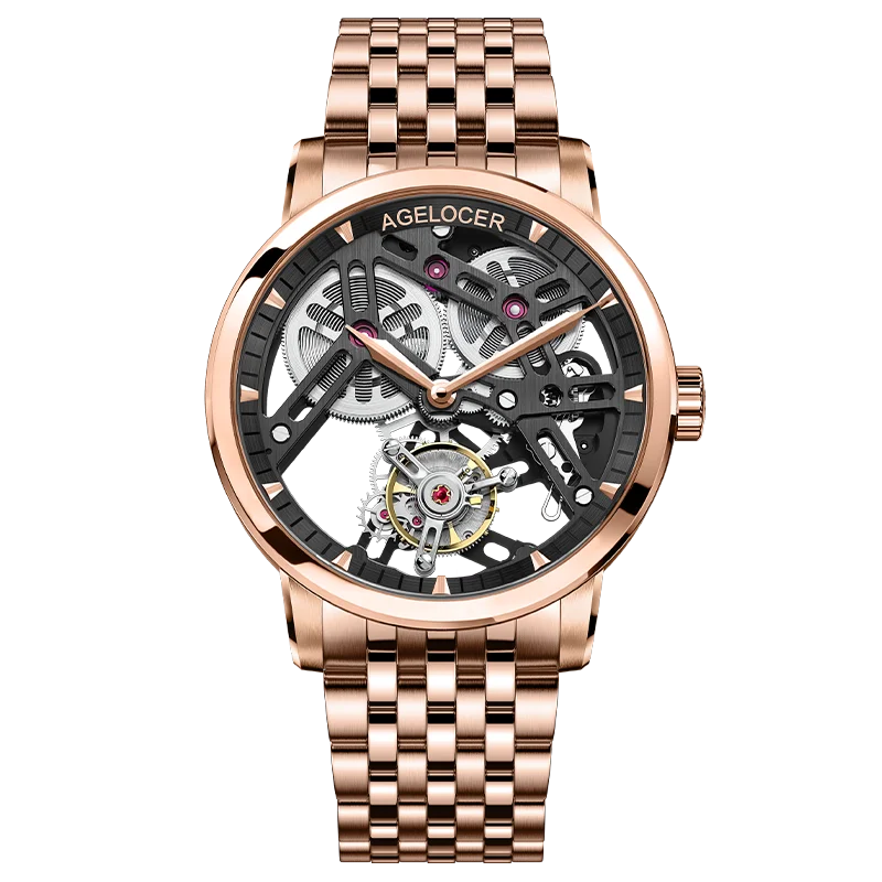 AGELOCER Original Tourbillon Watch Steel Strap Men Business Formal Luxury Skeleton Manual Mechanical Watch Birthday Gift for Men