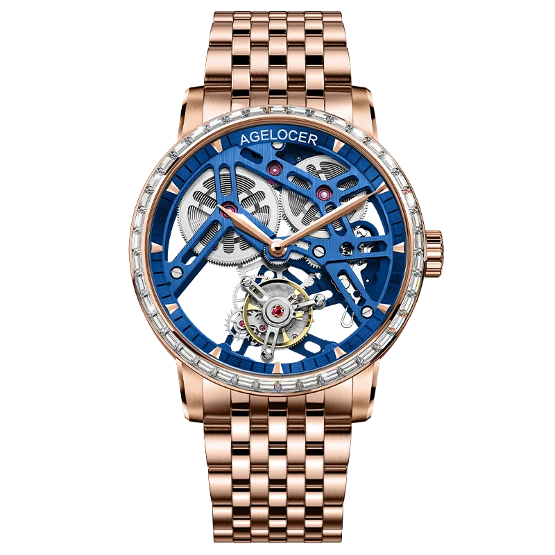 AGELOCER Original Tourbillon Watch Steel Strap Men Business Formal Luxury Skeleton Manual Mechanical Watch Birthday Gift for Men