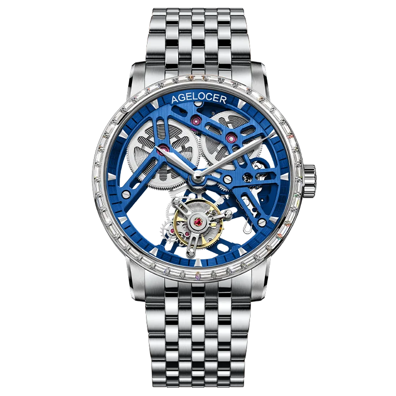 AGELOCER Original Tourbillon Watch Steel Strap Men Business Formal Luxury Skeleton Manual Mechanical Watch Birthday Gift for Men