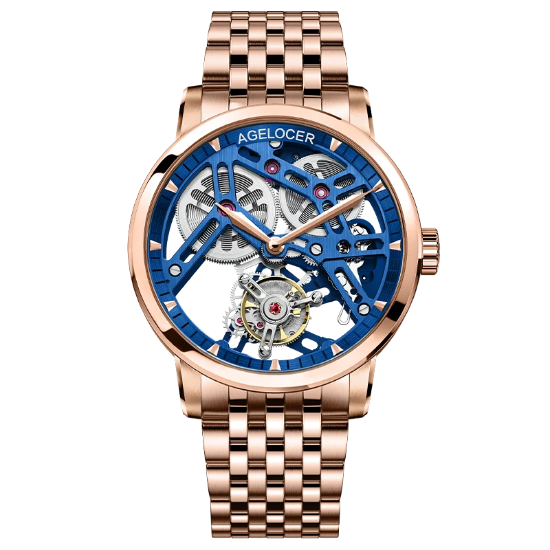 AGELOCER Original Tourbillon Watch Steel Strap Men Business Formal Luxury Skeleton Manual Mechanical Watch Birthday Gift for Men