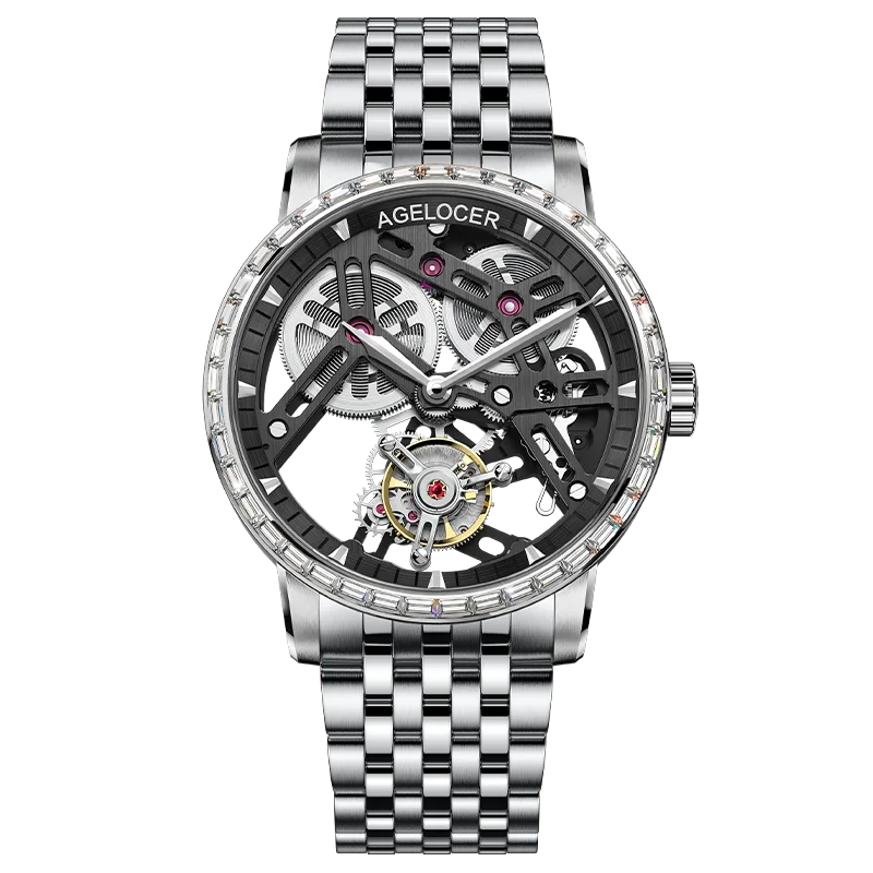 AGELOCER Original Tourbillon Watch Steel Strap Men Business Formal Luxury Skeleton Manual Mechanical Watch Birthday Gift for Men
