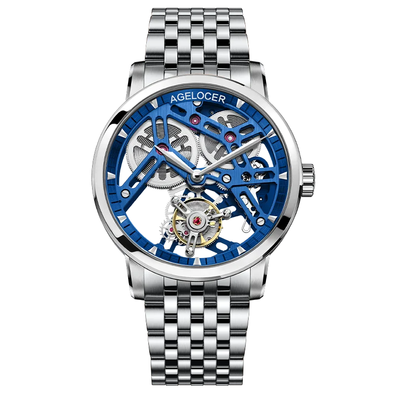 AGELOCER Original Tourbillon Watch Steel Strap Men Business Formal Luxury Skeleton Manual Mechanical Watch Birthday Gift for Men