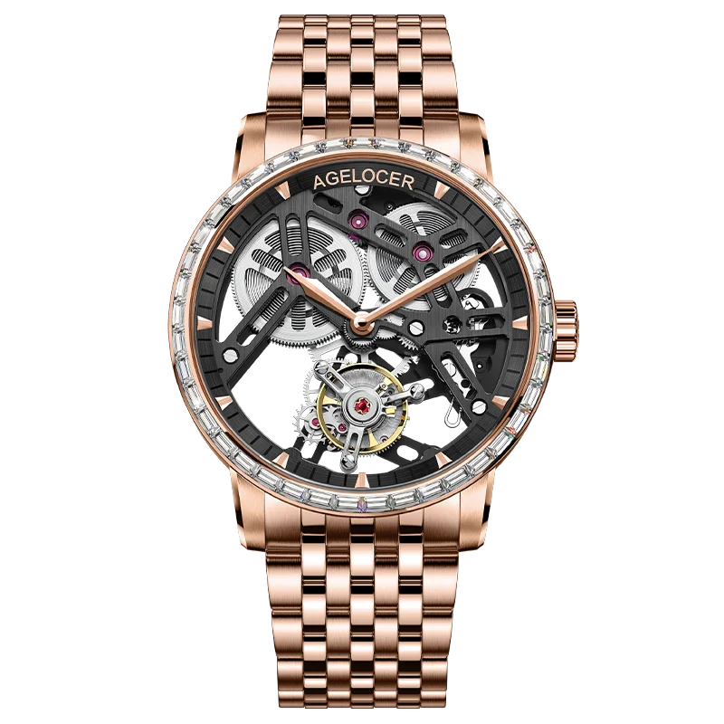 AGELOCER Original Tourbillon Watch Steel Strap Men Business Formal Luxury Skeleton Manual Mechanical Watch Birthday Gift for Men