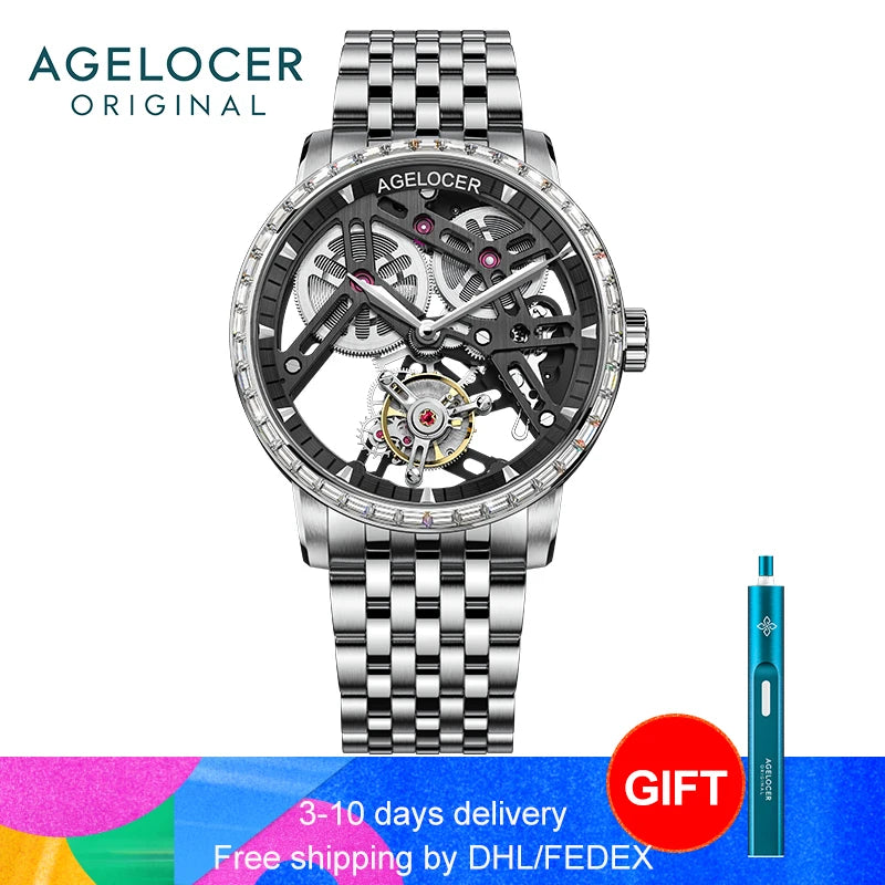AGELOCER Original Tourbillon Watch Fashion Men's Business Formal Luxury Skeleton Manual Mechanical Watch Birthday Gift for Men