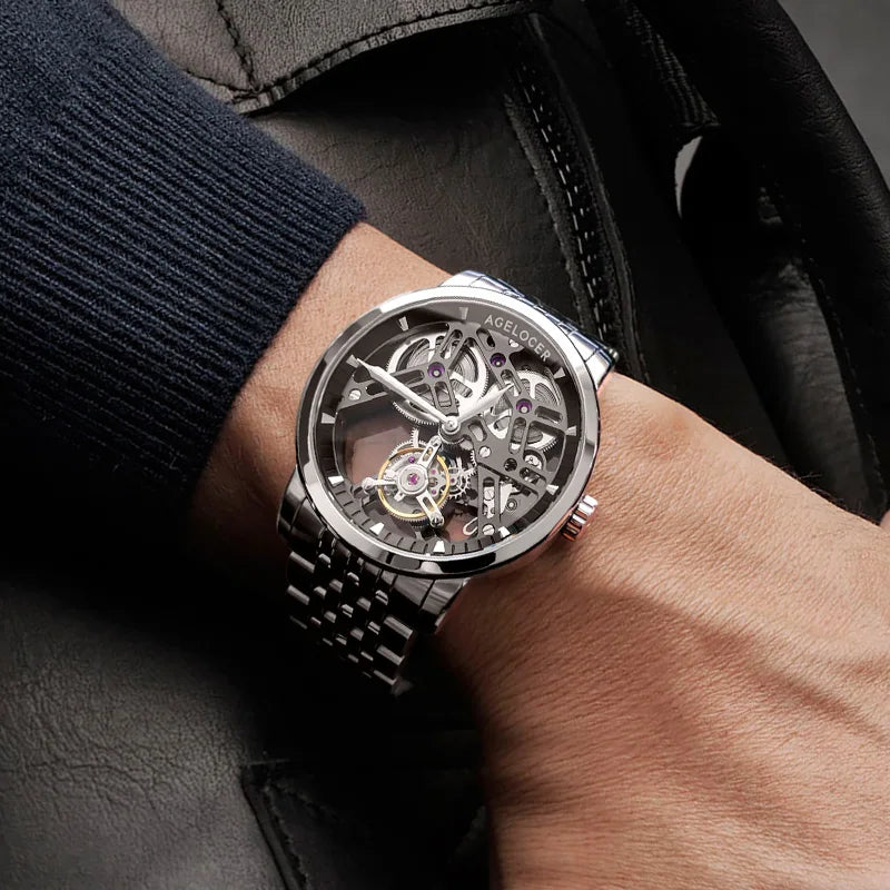 AGELOCER Original Tourbillon Watch Fashion Men's Business Formal Luxury Skeleton Manual Mechanical Watch Birthday Gift for Men