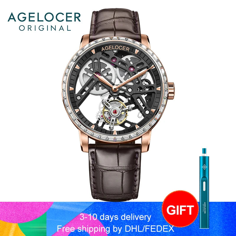 AGELOCER Original Tourbillon Watch Fashion Men's Business Formal Luxury Skeleton Manual Mechanical Watch Birthday Gift for Men