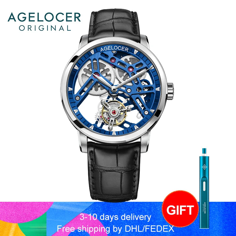 AGELOCER Original Tourbillon Watch Fashion Men's Business Formal Luxury Skeleton Manual Mechanical Watch Birthday Gift for Men