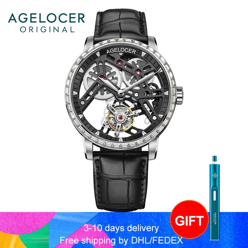 AGELOCER Original Tourbillon Watch Fashion Men's Business Formal Luxury Skeleton Manual Mechanical Watch Birthday Gift for Men