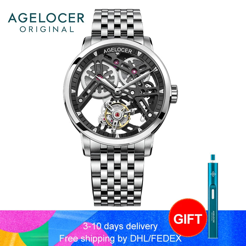 AGELOCER Original Tourbillon Watch Fashion Men's Business Formal Luxury Skeleton Manual Mechanical Watch Birthday Gift for Men
