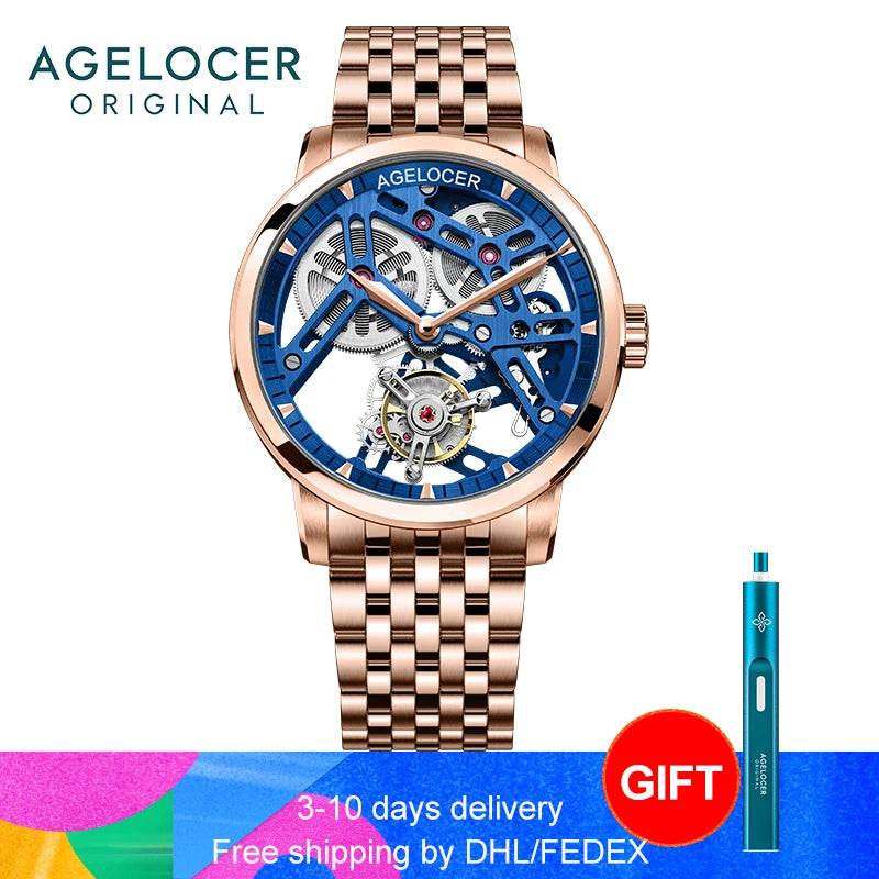 AGELOCER Original Tourbillon Watch Fashion Men's Business Formal Luxury Skeleton Manual Mechanical Watch Birthday Gift for Men