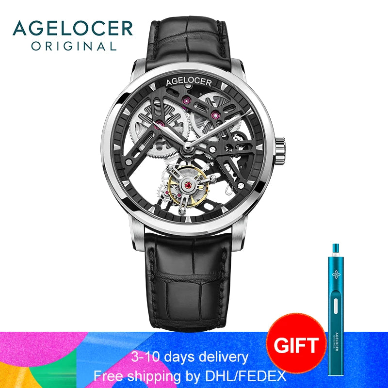 AGELOCER Original Tourbillon Watch Fashion Men's Business Formal Luxury Skeleton Manual Mechanical Watch Birthday Gift for Men