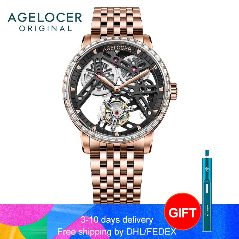 AGELOCER Original Tourbillon Watch Fashion Men's Business Formal Luxury Skeleton Manual Mechanical Watch Birthday Gift for Men