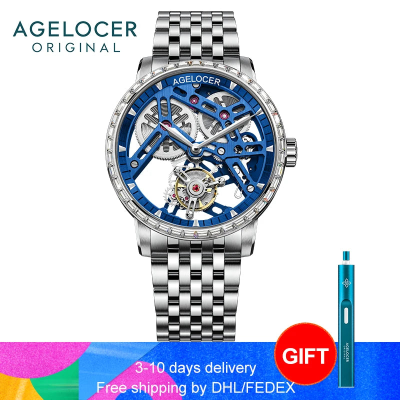 AGELOCER Original Tourbillon Watch Fashion Men's Business Formal Luxury Skeleton Manual Mechanical Watch Birthday Gift for Men