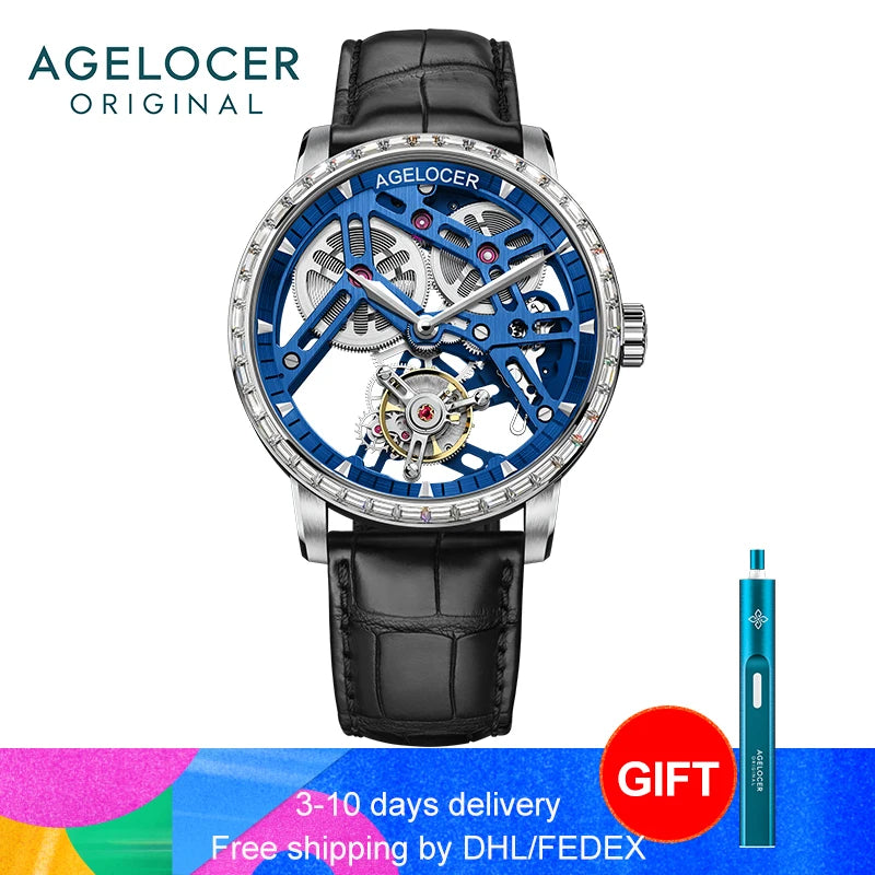 AGELOCER Original Tourbillon Watch Fashion Men's Business Formal Luxury Skeleton Manual Mechanical Watch Birthday Gift for Men