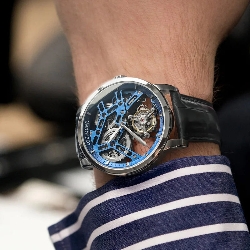 AGELOCER Original Tourbillon Watch Fashion Men's Business Formal Luxury Skeleton Manual Mechanical Watch Birthday Gift for Men