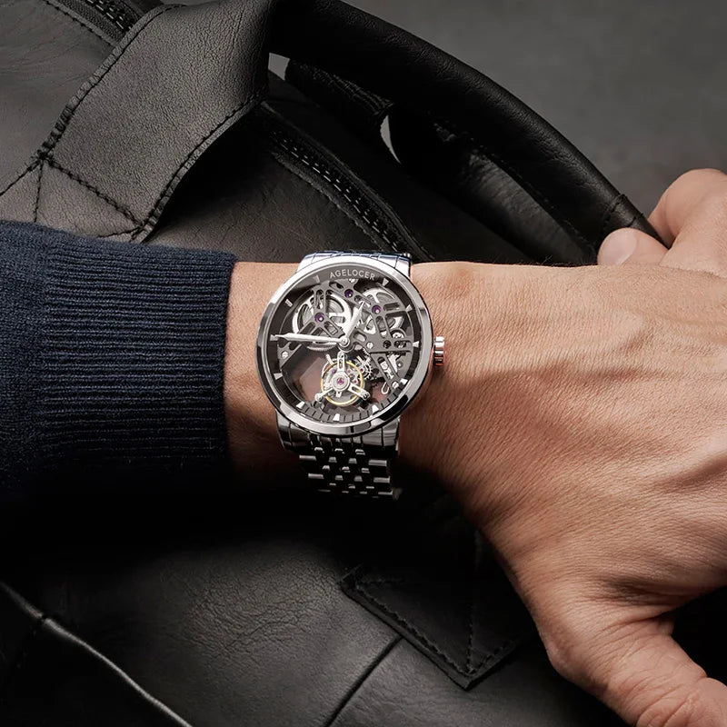 AGELOCER Original Tourbillon Watch Fashion Men's Business Formal Luxury Skeleton Manual Mechanical Watch Birthday Gift for Men
