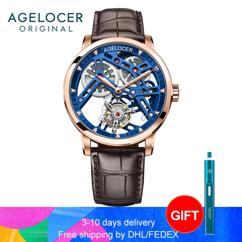 AGELOCER Original Tourbillon Watch Fashion Men's Business Formal Luxury Skeleton Manual Mechanical Watch Birthday Gift for Men