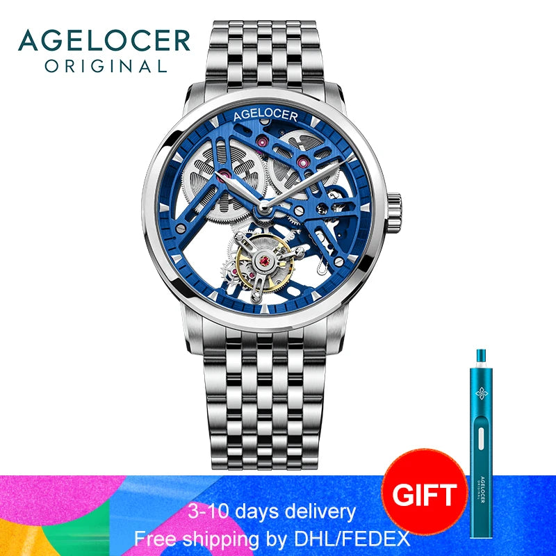 AGELOCER Original Tourbillon Watch Fashion Men's Business Formal Luxury Skeleton Manual Mechanical Watch Birthday Gift for Men