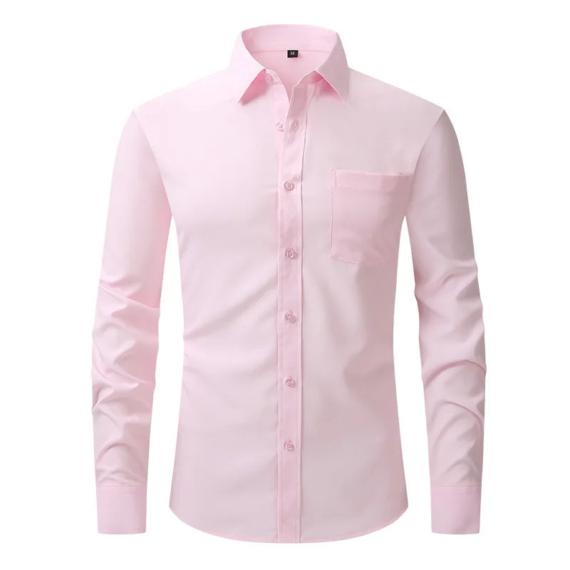 Men's Casual Fashion Classic Basic Business Solid Color Long Sleeved white Shirt Pink Green Red Orange Blue High Quality Shirts