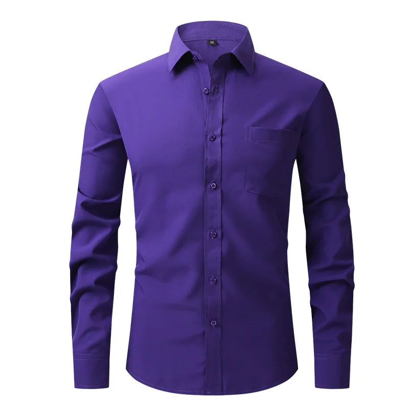 Men's Casual Fashion Classic Basic Business Solid Color Long Sleeved white Shirt Pink Green Red Orange Blue High Quality Shirts