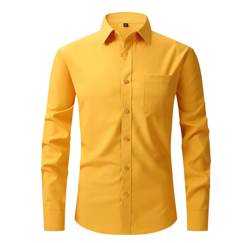 Men's Casual Fashion Classic Basic Business Solid Color Long Sleeved white Shirt Pink Green Red Orange Blue High Quality Shirts