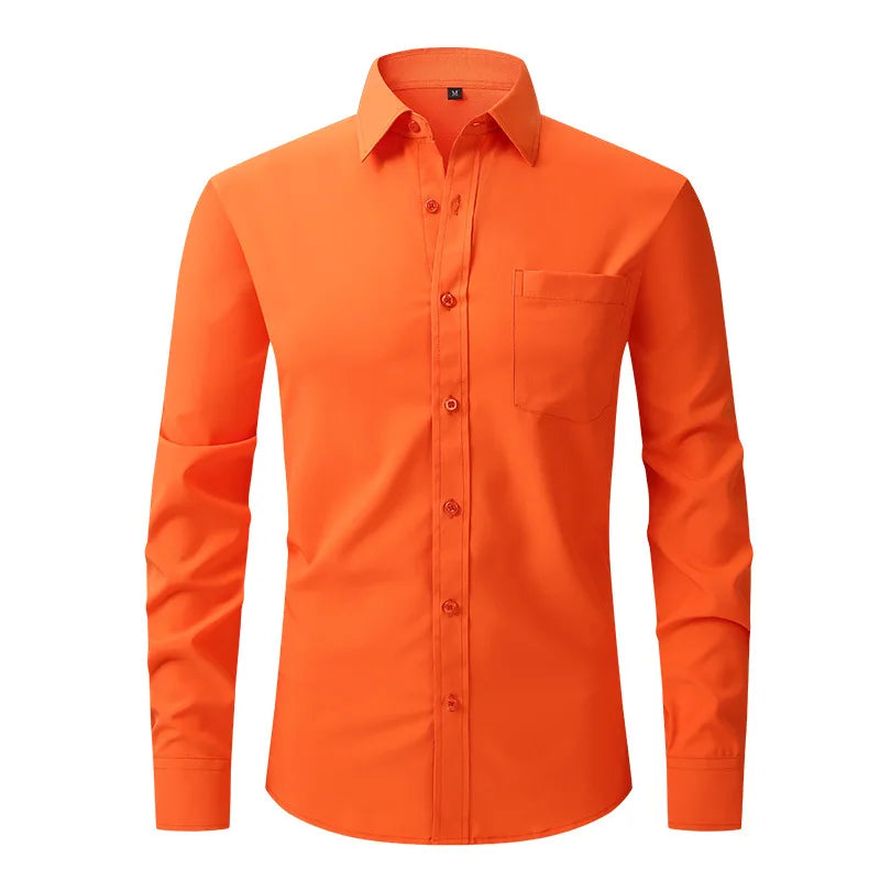 Men's Casual Fashion Classic Basic Business Solid Color Long Sleeved white Shirt Pink Green Red Orange Blue High Quality Shirts