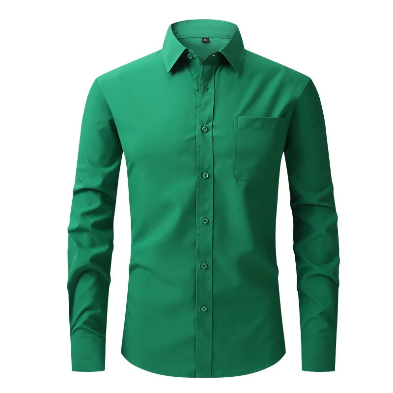 Men's Casual Fashion Classic Basic Business Solid Color Long Sleeved white Shirt Pink Green Red Orange Blue High Quality Shirts