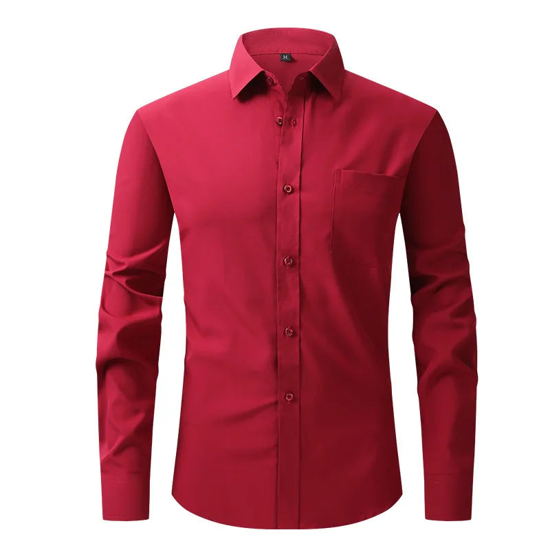 Men's Casual Fashion Classic Basic Business Solid Color Long Sleeved white Shirt Pink Green Red Orange Blue High Quality Shirts