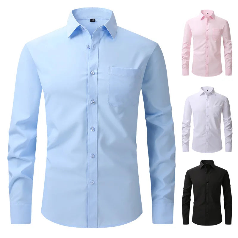 Men's Casual Fashion Classic Basic Business Solid Color Long Sleeved white Shirt Pink Green Red Orange Blue High Quality Shirts