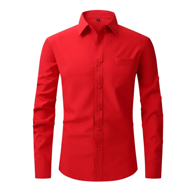 Men's Casual Fashion Classic Basic Business Solid Color Long Sleeved white Shirt Pink Green Red Orange Blue High Quality Shirts