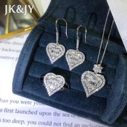 18K White Gold Natural Diamond Ring Earring Necklace Fashion Heart-shaped Set Jewelry Birthday Gift