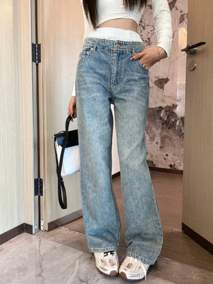 2024 Autumn New Women's Jeans Fashionable, Exquisite, Trendy, High Street Handsome, High Waist, Fake Two Piece Cowboy Pants