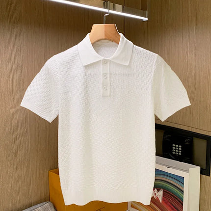 2024 New Summer Men Business Casual Knit Polo Shirt Mens Breathable Solid Color Tops Tees Male Short Sleeve Polo Shirts D215