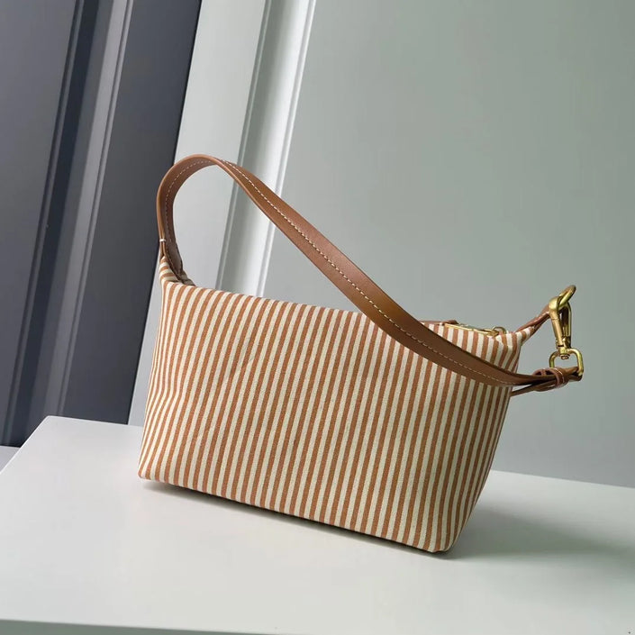 2024 New women's striped woven canvas lunch box bag beauty storage bag