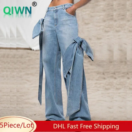 5Pcs Bulk Wholesale Women Jeans Unique Patchwork Bowknot High Waist Denim Trousers Stylish Washed Straight Wide Leg Pants 11548