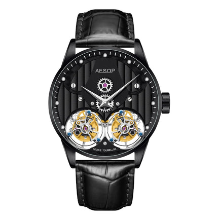 AESOP Luxury Skeleton Hollow Dual Tourbillon Wristwatches Men Sapphire Glass Leather Strap Gentleman Mechanical Waterproof Watch