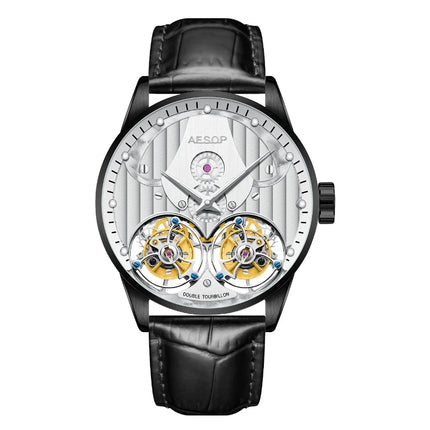 AESOP Luxury Skeleton Hollow Dual Tourbillon Wristwatches Men Sapphire Glass Leather Strap Gentleman Mechanical Waterproof Watch