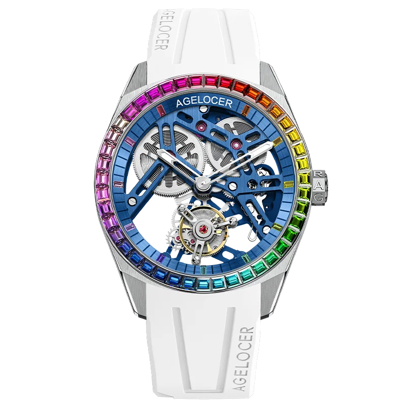 AGELOCER Original Tourbillon Watch Rainbow Bezel Men's Luxury Skeleton Manual Mechanical Watch Birthday Gift for Men