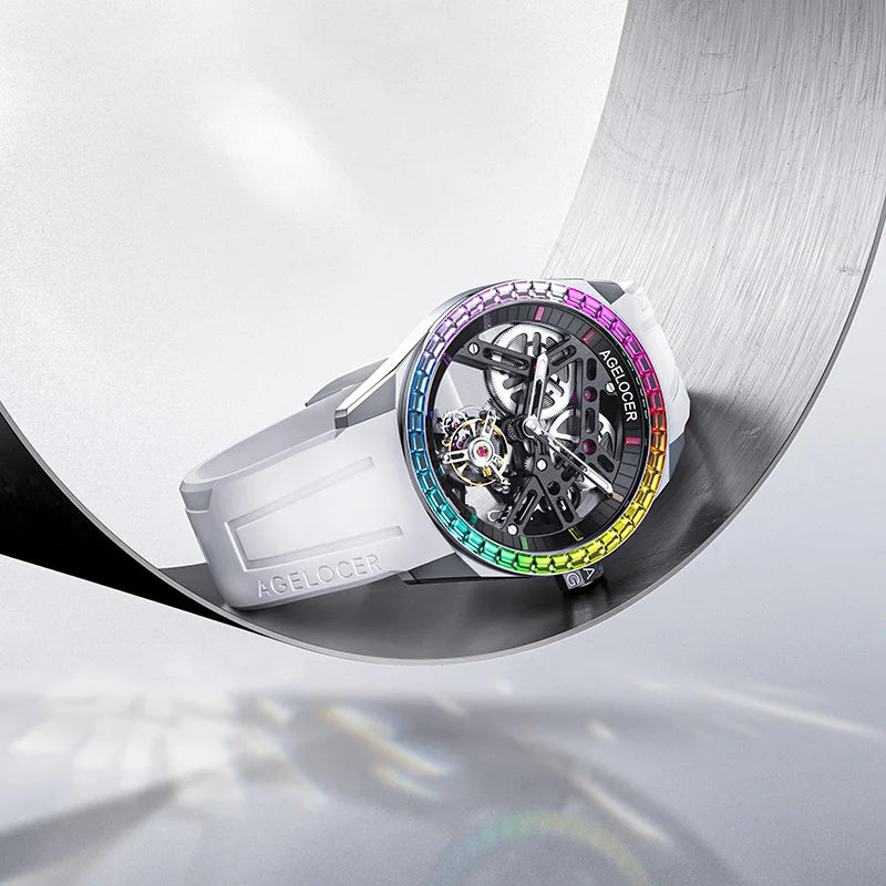 AGELOCER Original Tourbillon Watch Rainbow Bezel Men's Luxury Skeleton Manual Mechanical Watch Birthday Gift for Men