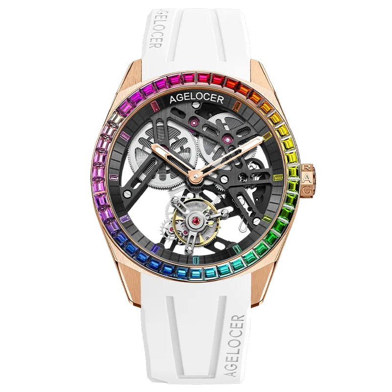 AGELOCER Original Tourbillon Watch Rainbow Bezel Men's Luxury Skeleton Manual Mechanical Watch Birthday Gift for Men
