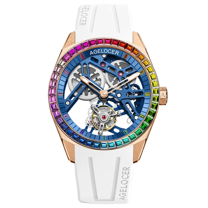 AGELOCER Original Tourbillon Watch Rainbow Bezel Men's Luxury Skeleton Manual Mechanical Watch Birthday Gift for Men