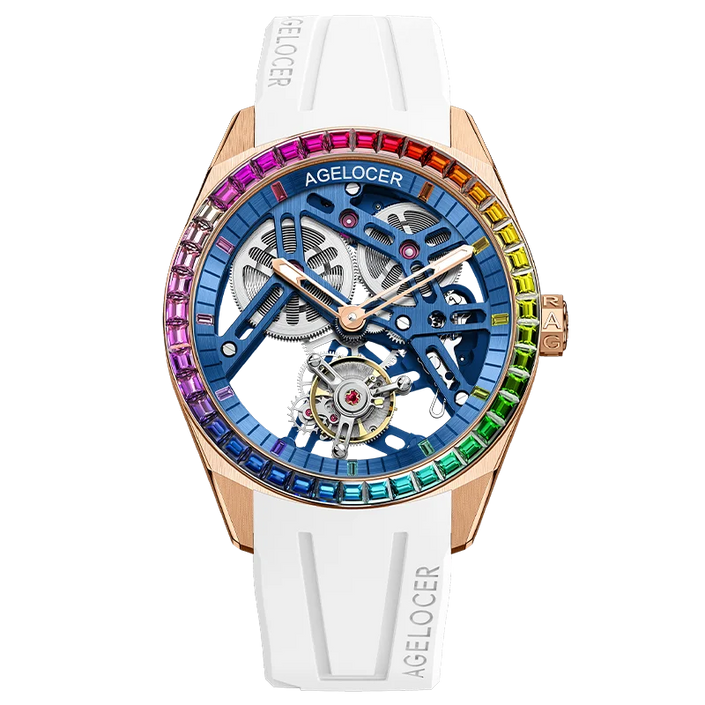 AGELOCER Original Tourbillon Watch Rainbow Bezel Men's Luxury Skeleton Manual Mechanical Watch Birthday Gift for Men