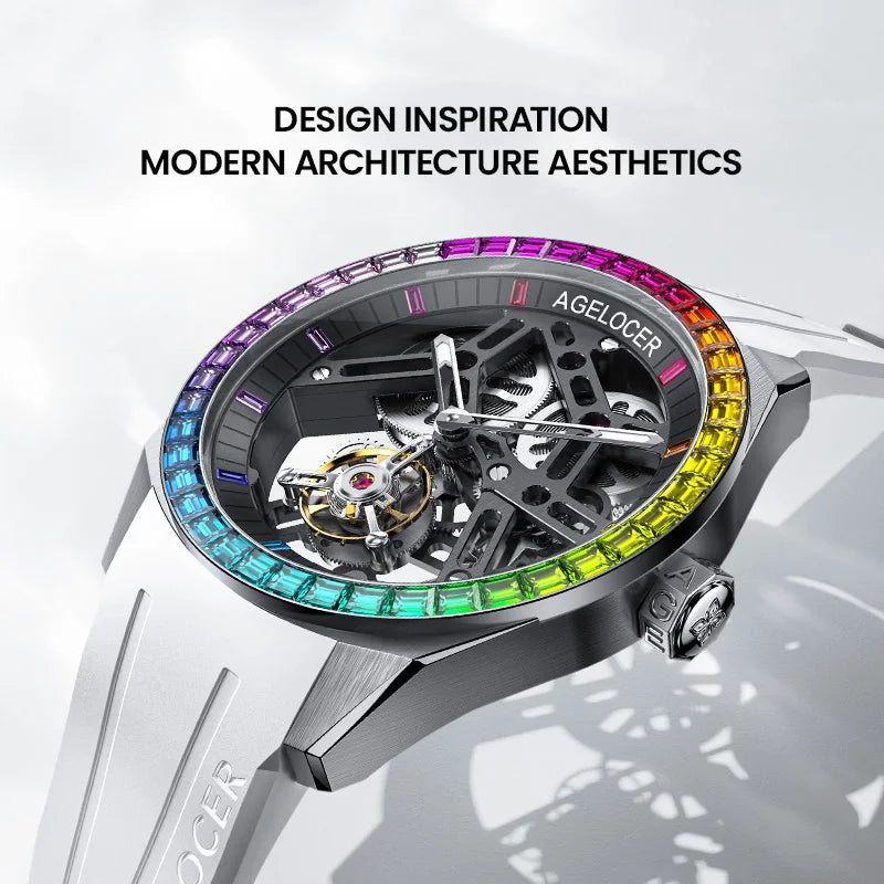 AGELOCER Original Tourbillon Watch Rainbow Bezel Men's Luxury Skeleton Manual Mechanical Watch Birthday Gift for Men