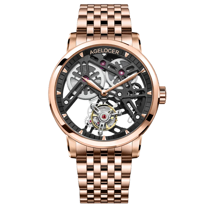 AGELOCER Original Tourbillon Watch Steel Strap Men Business Formal Luxury Skeleton Manual Mechanical Watch Birthday Gift for Men