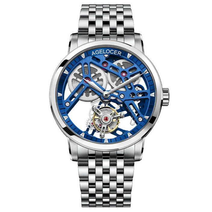 AGELOCER Original Tourbillon Watch Steel Strap Men Business Formal Luxury Skeleton Manual Mechanical Watch Birthday Gift for Men