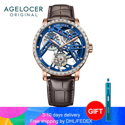 AGELOCER Original Tourbillon Watch Fashion Men's Business Formal Luxury Skeleton Manual Mechanical Watch Birthday Gift for Men
