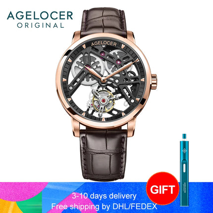 AGELOCER Original Tourbillon Watch Fashion Men's Business Formal Luxury Skeleton Manual Mechanical Watch Birthday Gift for Men