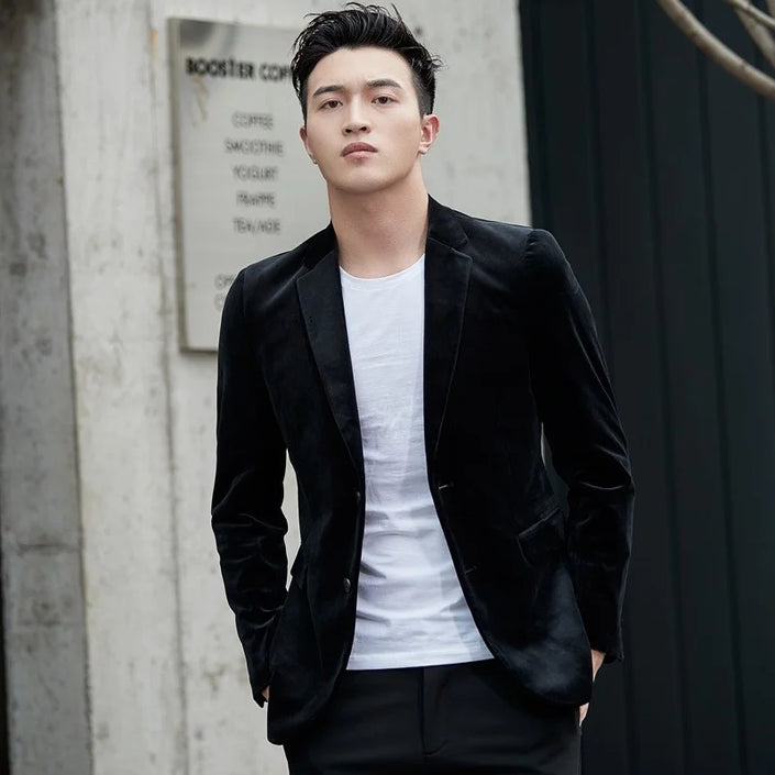 Autumn 2022 New Men Velvet Blazer Jacket Single Breasted Slim Fit Wedding Dress Suit Coat Business Man Office Blazers Outwear
