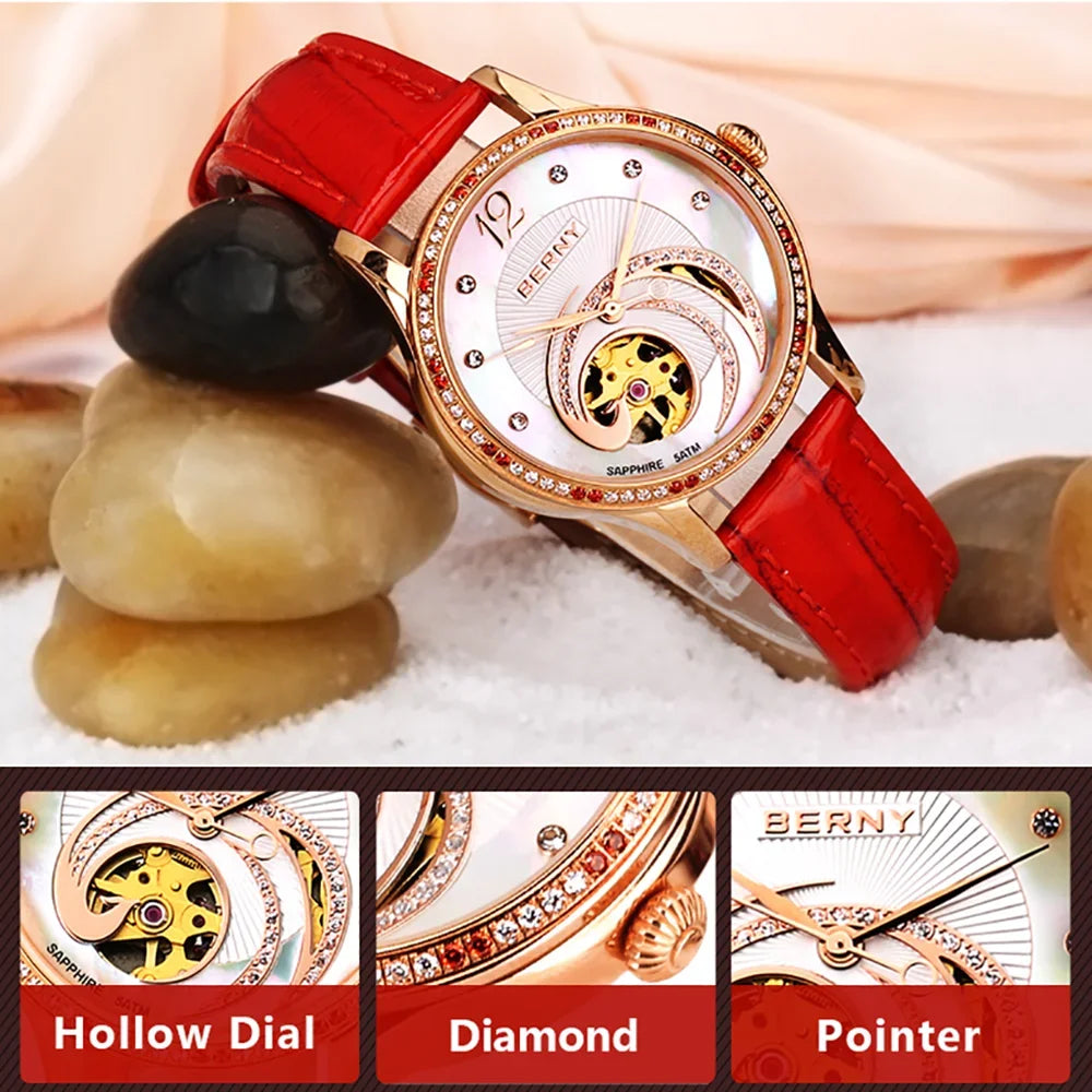 BERNY Automatic Self-winding Women Watch Skeleton Miyota Luxury Gold Watch Lady Sapphire Waterproof Mechanical Watch for Women