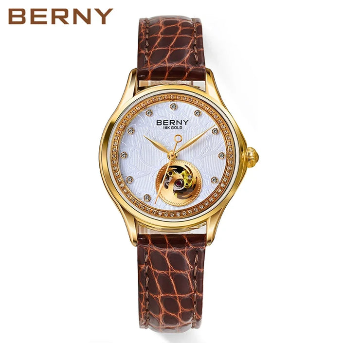 BERNY Mechanical Watch Women Luxury 18K Gold Ladies Clock Automatic Self-Wind Sapphire Glass 72 Diamond 5ATM Skeleton Design